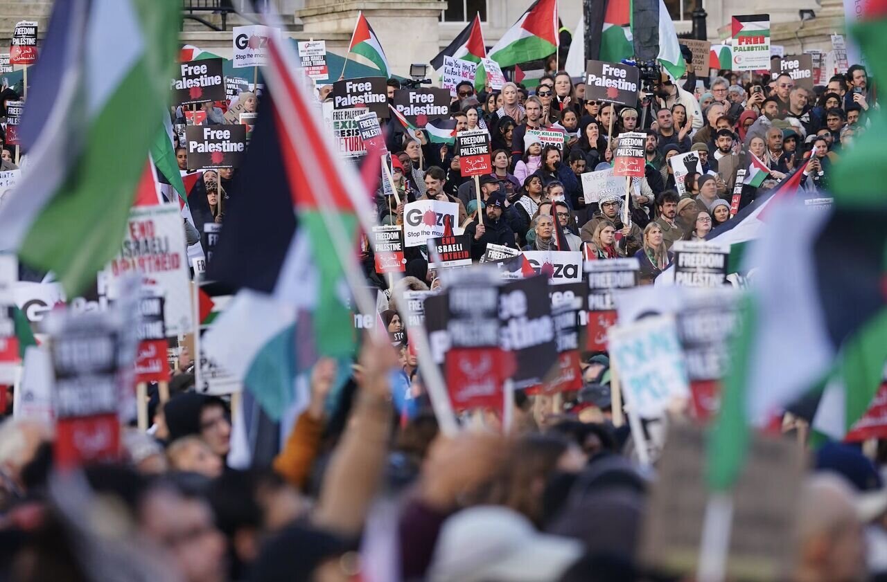 Thousands of Palestinian supporters gathered in central London to protest Britain’s military, political support for Israel
