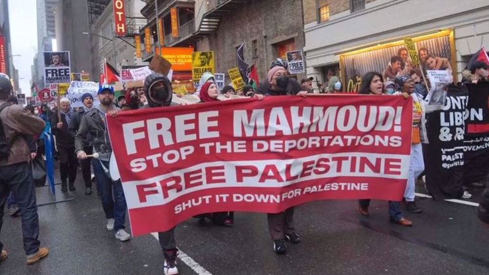 US Protesters gather in New York's Times Square demanding release of Mahmoud Khalil
