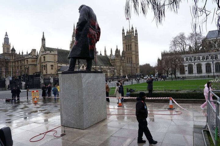 Photos: Writing Anti‑Zionist Slogans on Churchill Statue Outside UK Parliament