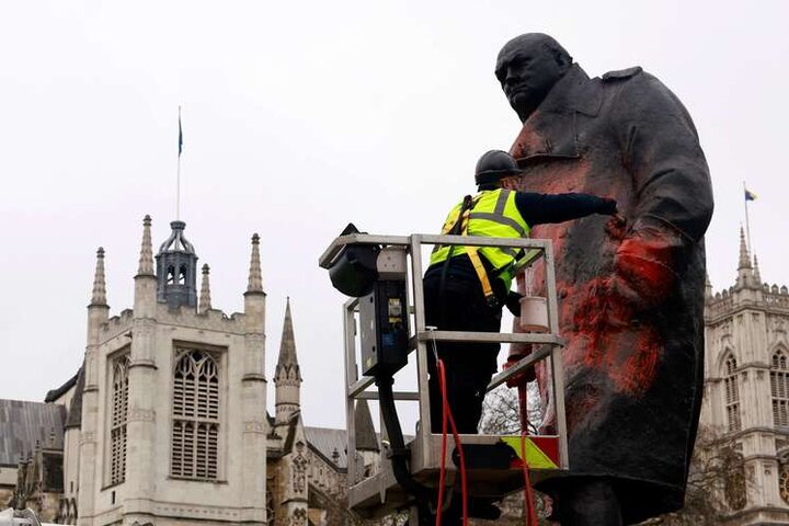 Photos: Writing Anti‑Zionist Slogans on Churchill Statue Outside UK Parliament
