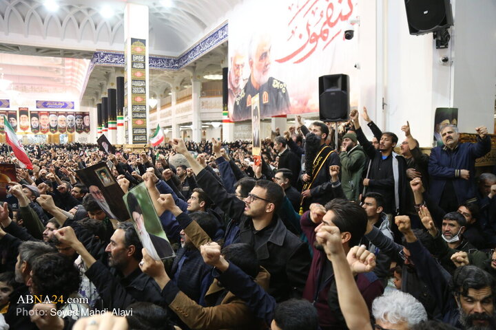 اجتماع سوگواران و مراسم وداع با شهدای تجاور آمریکایی-صهیونی در قم