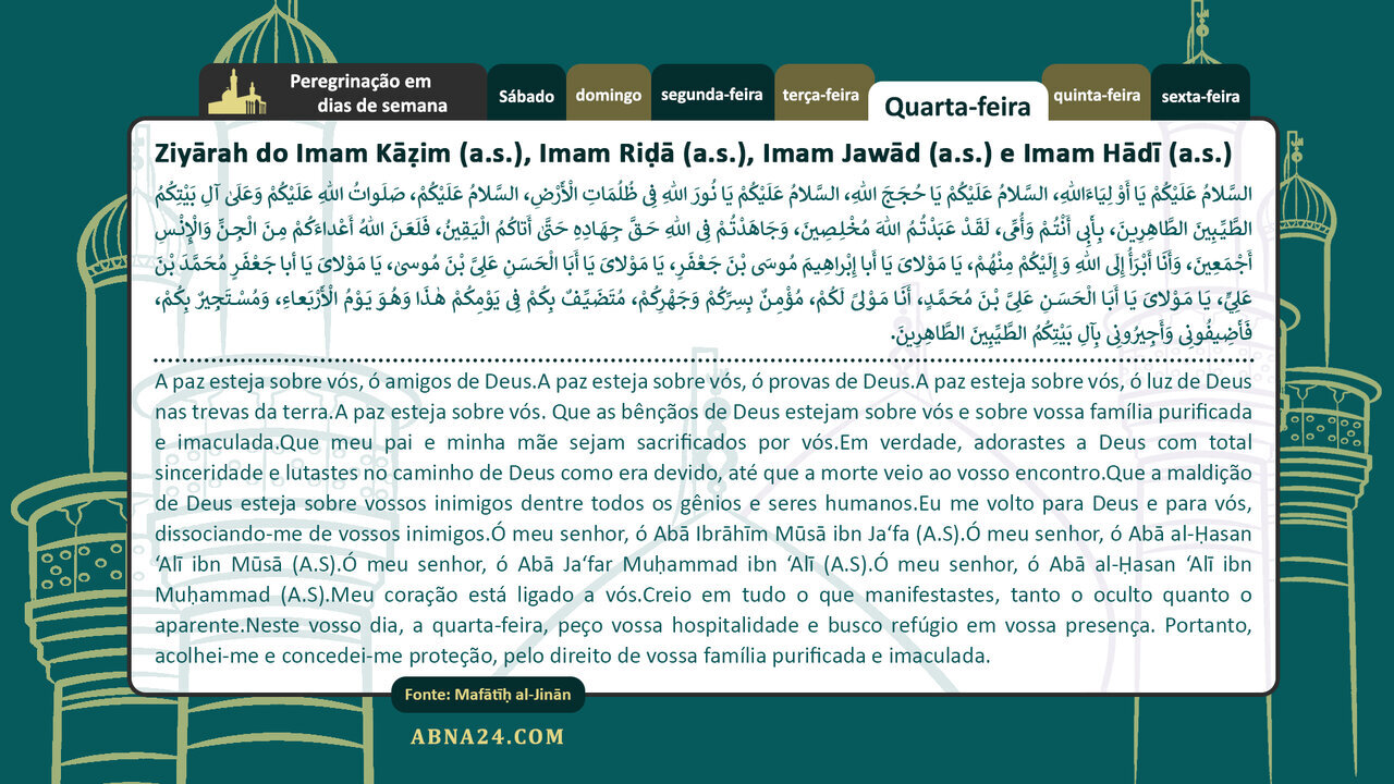 Ligação permanente com Ahlul Bayt (a.s.) através da ziarah diária – Ziarah de quarta-feira: visita ao Imam Reza (a.s.), Imam Javad (a.s.) e Imam Hadi