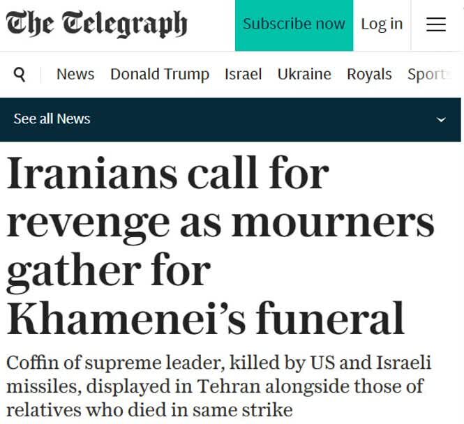 Telegraph: Ang mga nagluluksa sa seremonya ng libing ng Pinunong Martir ay humiling ng paghihiganti laban sa mga kaaway ng Iran