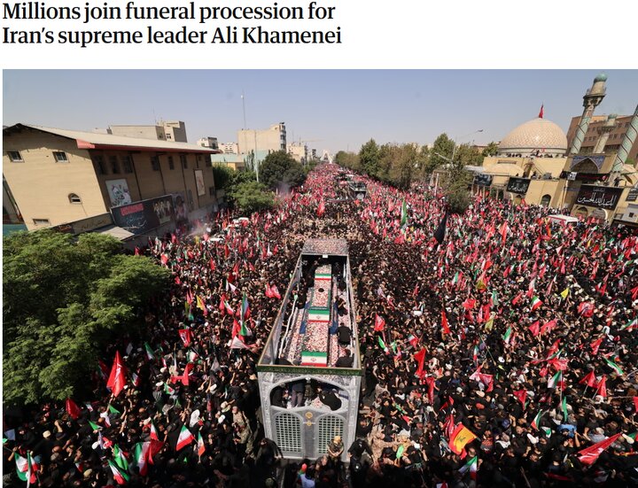 گاردین در گزارش از مراسم تشییع رهبر شهید: حضور میلیون‌ها نفر و شعار همگانی باید برخاست