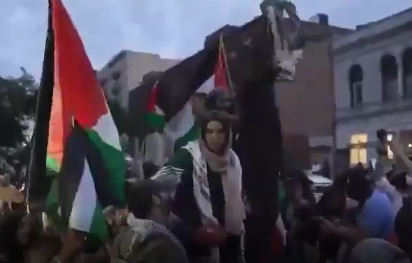 Scenes of pro-Palestine activists celebrating resignation of Columbia University President Nemat Shafik 